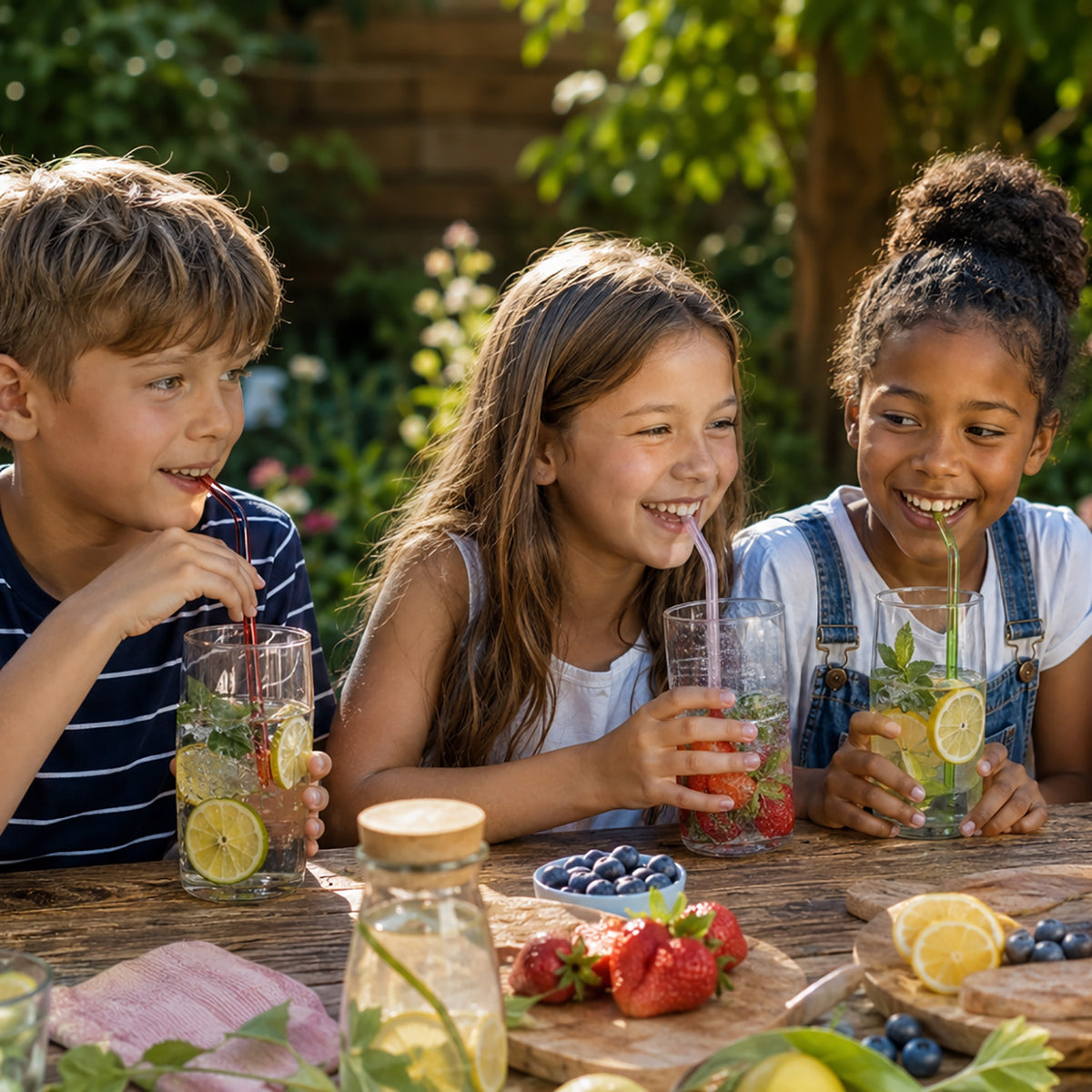 12 Glasstrohhalme bunt - wiederverwendbare Trinkhalme aus Glas mit 2 Reinigungsbürsten (gebogen) – ideal für Kinder - mit bunten Farben