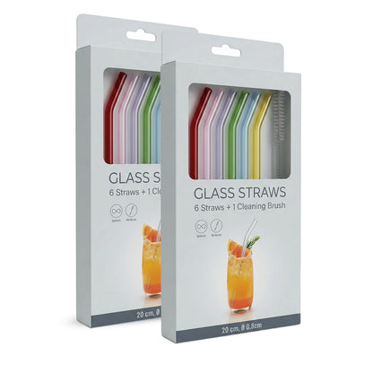 12 Glasstrohhalme bunt - wiederverwendbare Trinkhalme aus Glas mit 2 Reinigungsbürsten (gebogen) – ideal für Kinder - mit bunten Farben