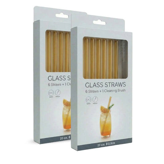 12 Glasstrohhalme gold - wiederverwendbare Trinkhalme aus Glas mit 2 Reinigungsbürsten (gerade)